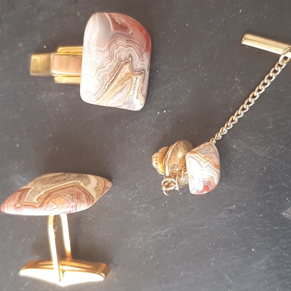 Vintage Rosetta Jasper stone cuff links and tie tac - Picture 2 of 2